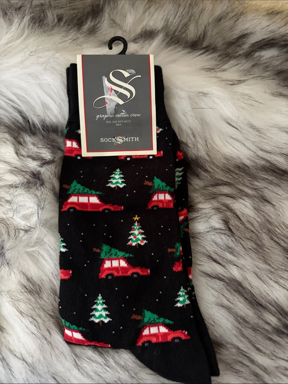 Socksmith Black Holiday Socks with Red Car & Green Tree Pattern